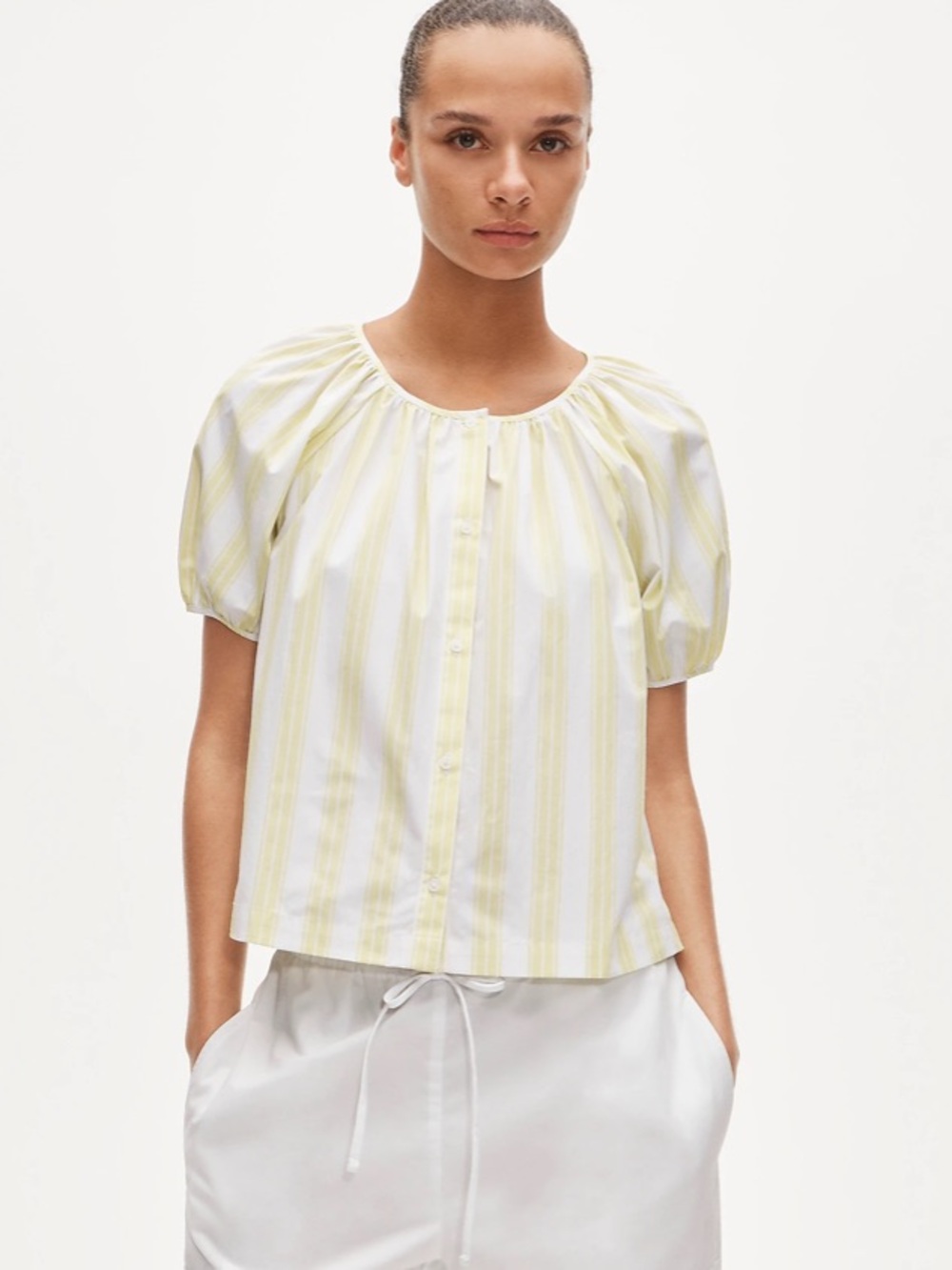 J crew white melon zest Puff-sleeve button-up top in cotton poplin stripe